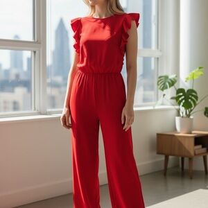 J. Crew Vibrant Red Ruffle Jumpsuit Size 0